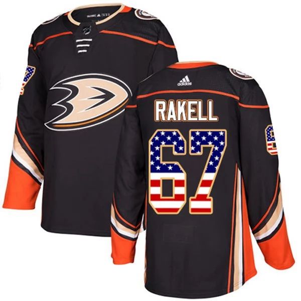 Herren Anaheim Ducks Eishockey Trikot Rickard Rakell 67 Schwarz USA Flag Fashion Authentic